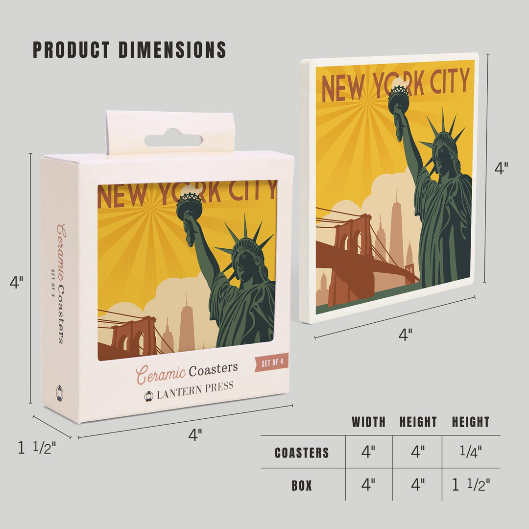 New York, Statue of Liberty & Bridge, Lantern Press Artwork, Coaster Set Coasters Lantern Press 