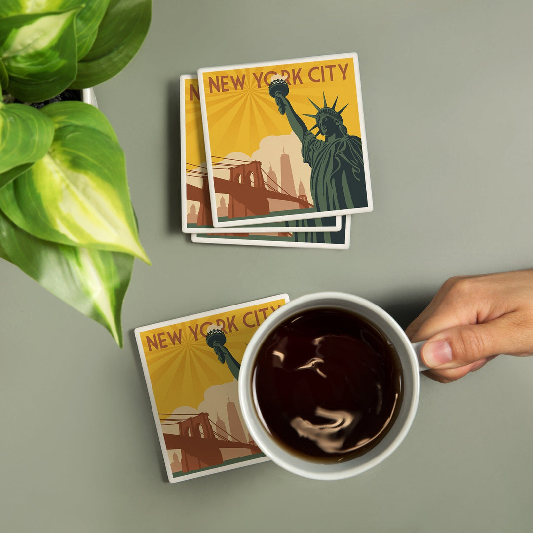 New York, Statue of Liberty & Bridge, Lantern Press Artwork, Coaster Set Coasters Lantern Press 