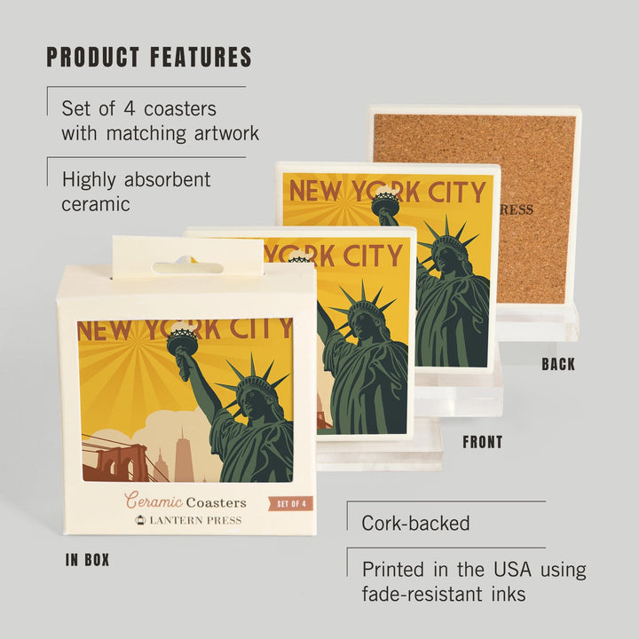 New York, Statue of Liberty & Bridge, Lantern Press Artwork, Coaster Set Coasters Lantern Press 