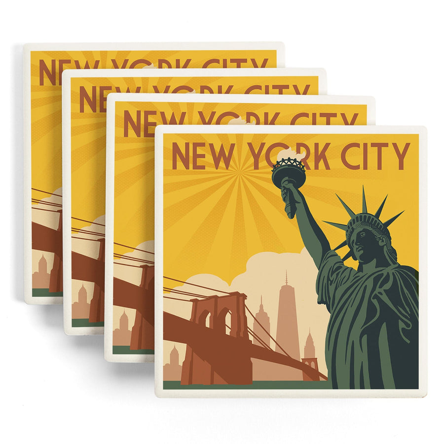 New York, Statue of Liberty & Bridge, Lantern Press Artwork, Coaster Set Coasters Lantern Press 