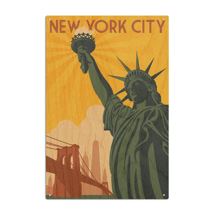 New York, Statue of Liberty & Bridge, Lantern Press Artwork, Wood Signs and Postcards Wood Lantern Press 10 x 15 Wood Sign 