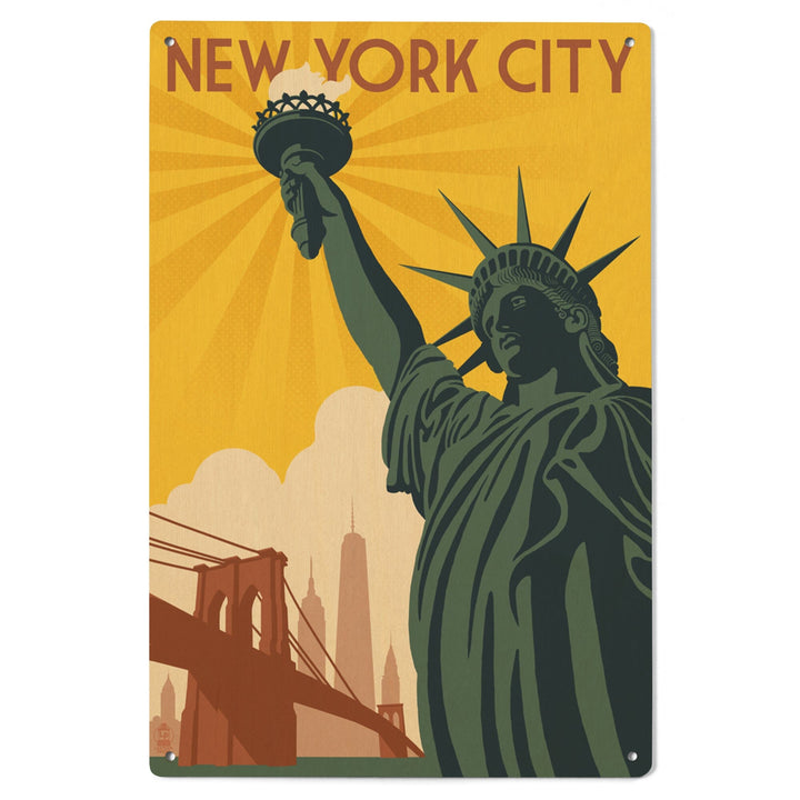 New York, Statue of Liberty & Bridge, Lantern Press Artwork, Wood Signs and Postcards Wood Lantern Press 