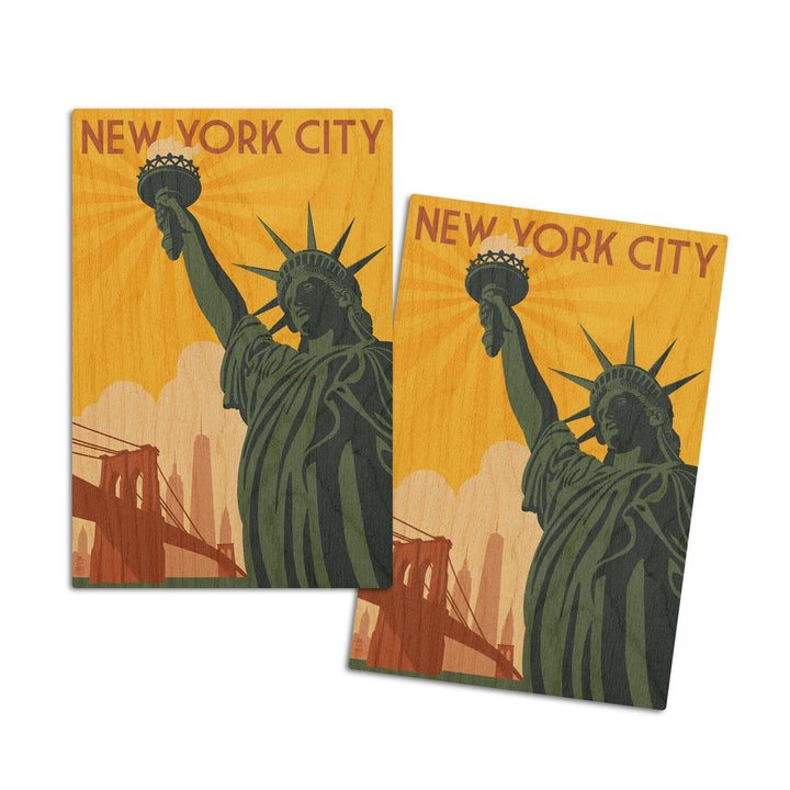 New York, Statue of Liberty & Bridge, Lantern Press Artwork, Wood Signs and Postcards Wood Lantern Press 4x6 Wood Postcard Set 