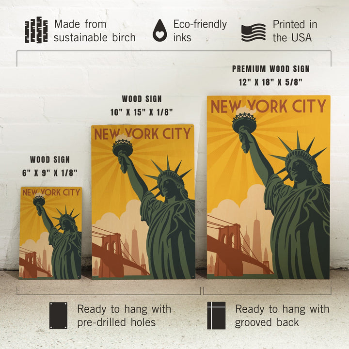 New York, Statue of Liberty & Bridge, Lantern Press Artwork, Wood Signs and Postcards Wood Lantern Press 