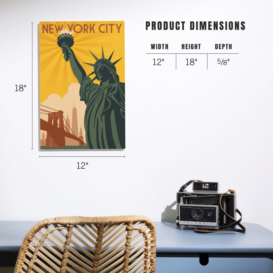 New York, Statue of Liberty & Bridge, Lantern Press Artwork, Wood Signs and Postcards Wood Lantern Press 