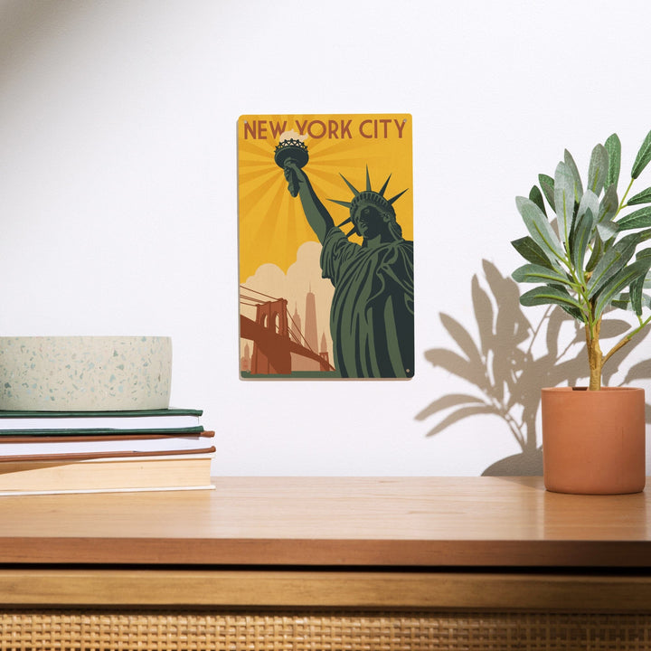 New York, Statue of Liberty & Bridge, Lantern Press Artwork, Wood Signs and Postcards Wood Lantern Press 