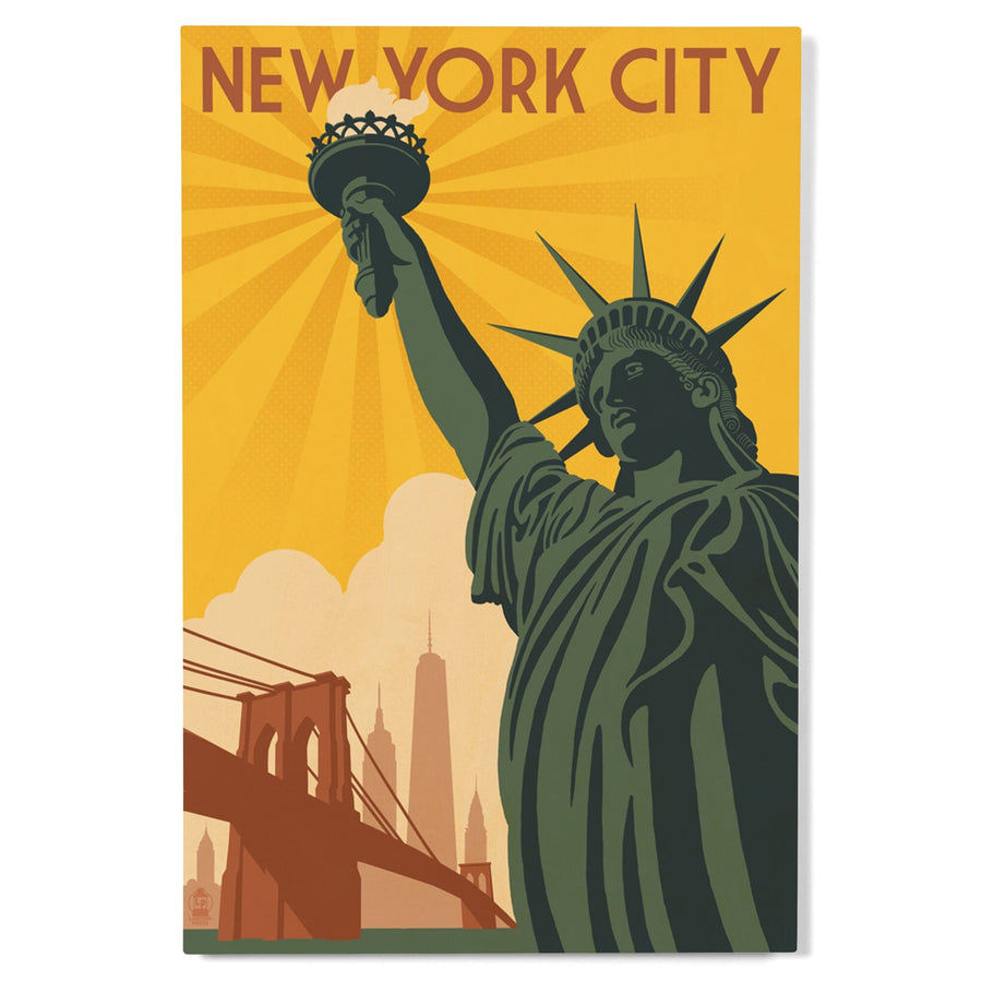 New York, Statue of Liberty & Bridge, Lantern Press Artwork, Wood Signs and Postcards Wood Lantern Press 