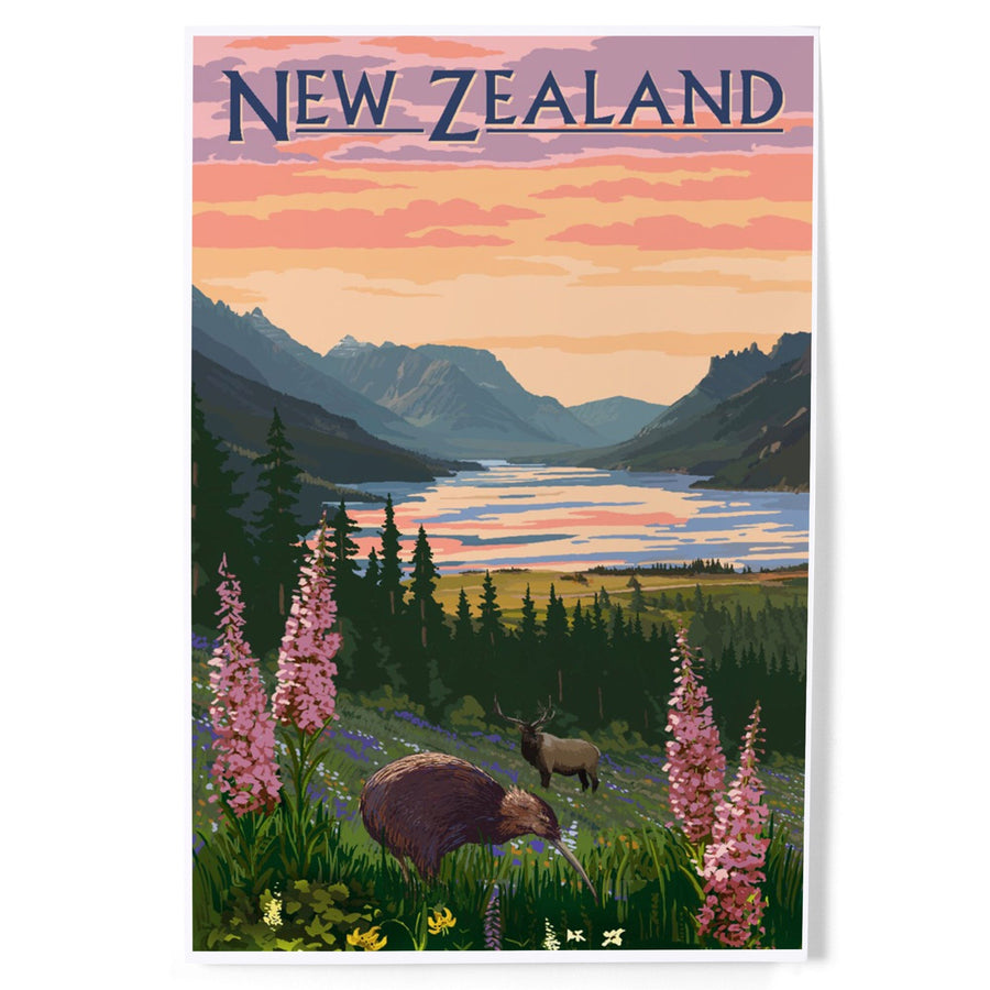 New Zealand, Kiwi and Spring Flowers, Art & Giclee Prints Art Lantern Press 