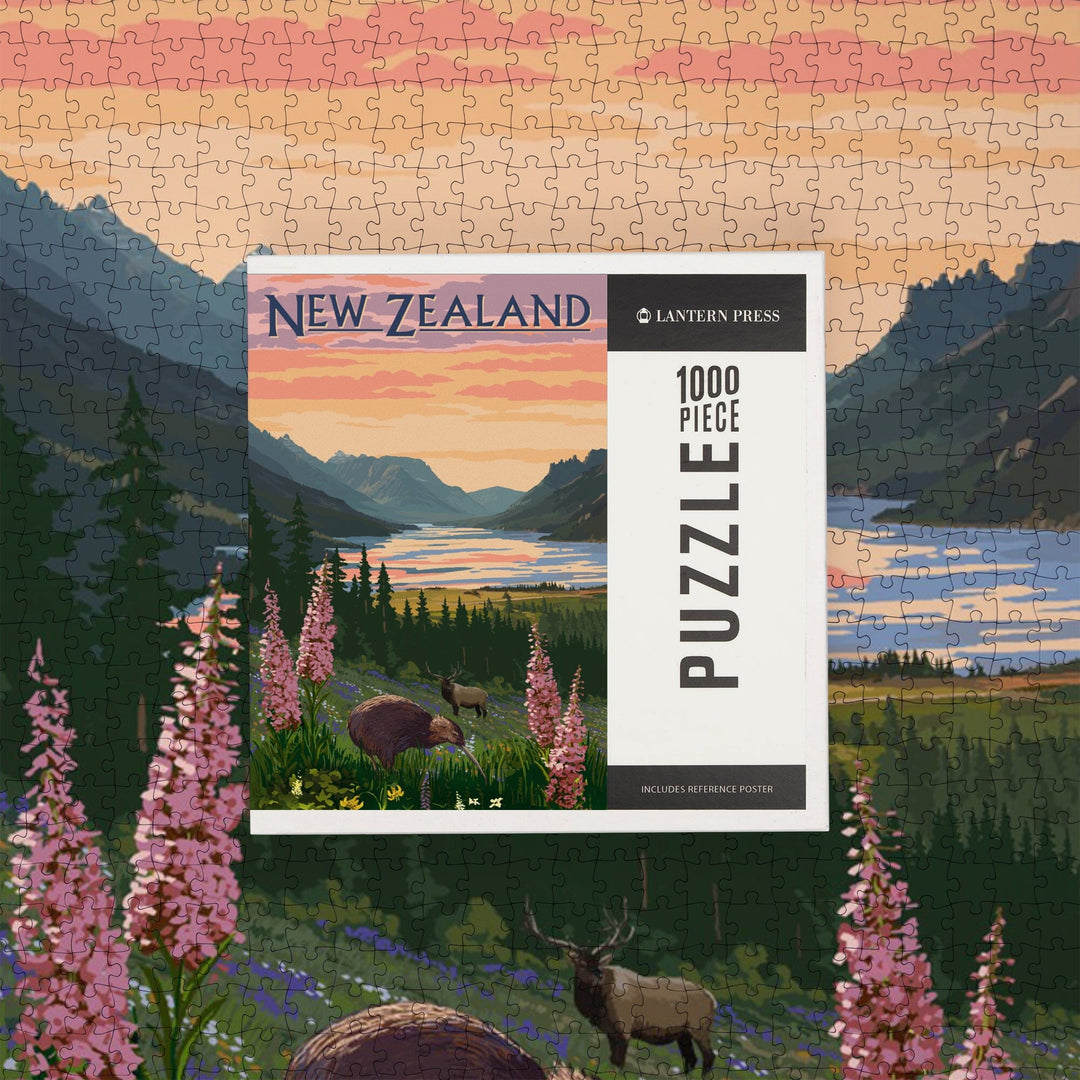 New Zealand, Kiwi and Spring Flowers, Jigsaw Puzzle Puzzle Lantern Press 