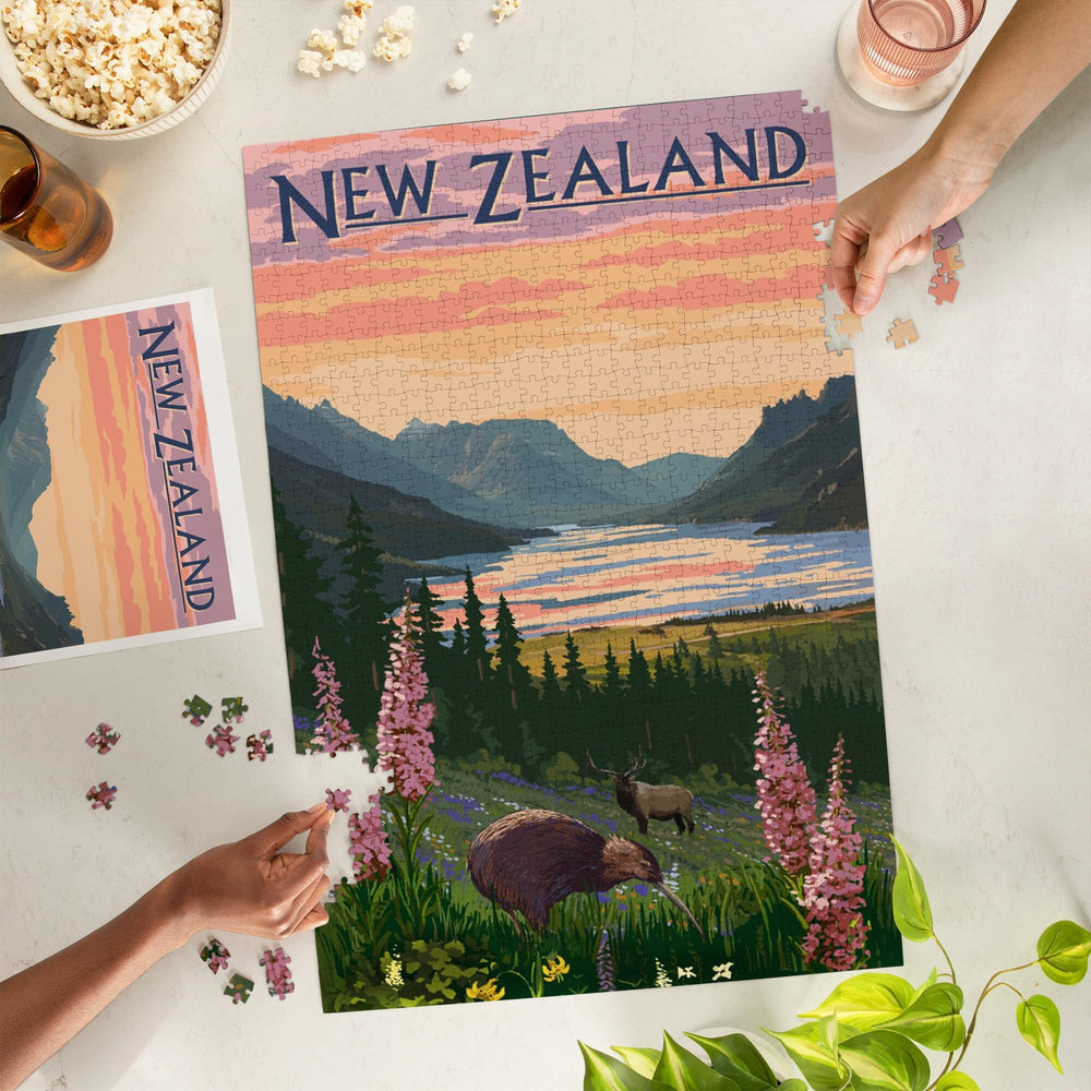 New Zealand, Kiwi and Spring Flowers, Jigsaw Puzzle Puzzle Lantern Press 