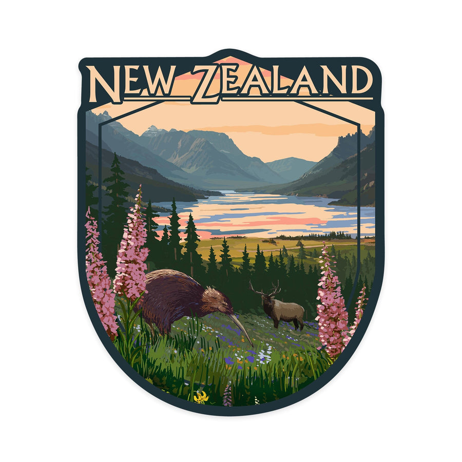 New Zealand, Kiwi & Spring Flowers, Contour, Lantern Press Artwork, Vinyl Sticker Sticker Lantern Press 