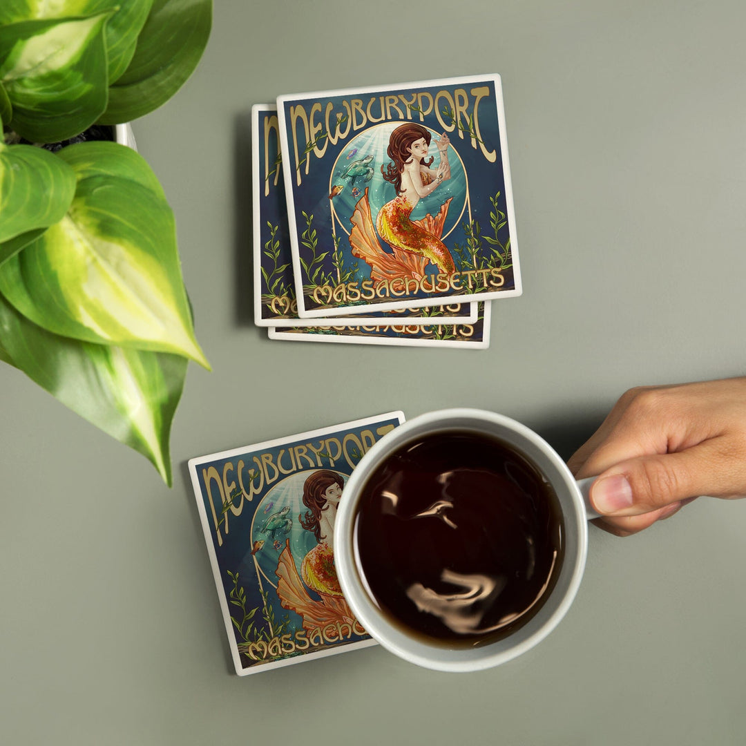 Newburyport, Massachusetts, Mermaid, Lantern Press Artwork, Coaster Set Coasters Lantern Press 