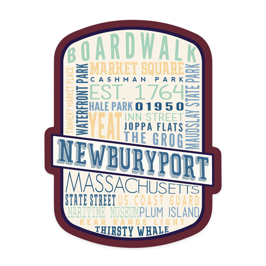 Newburyport, Massachusetts, Typography, Contour, Vinyl Sticker Sticker Lantern Press 