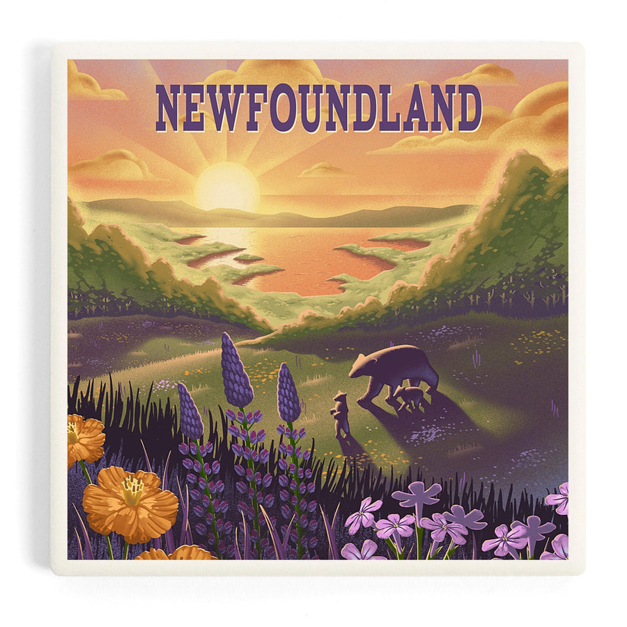 Newfoundland, Lithograph, Bear and Spring Flowers, Lake, Coasters Coasters Lantern Press 