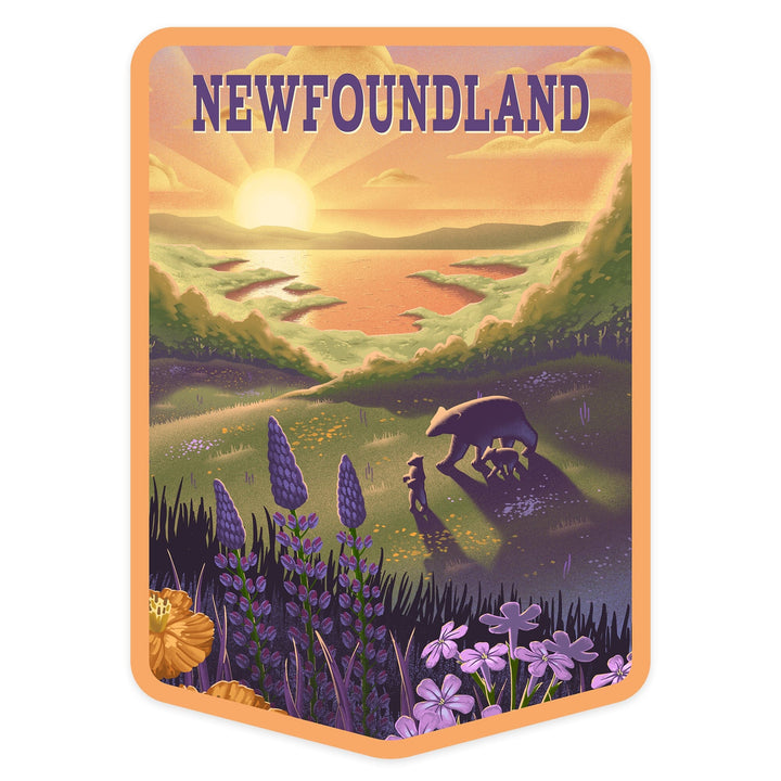 Newfoundland, Lithograph, Bear and Spring Flowers, Lake, Contour, Vinyl Sticker Sticker Lantern Press 