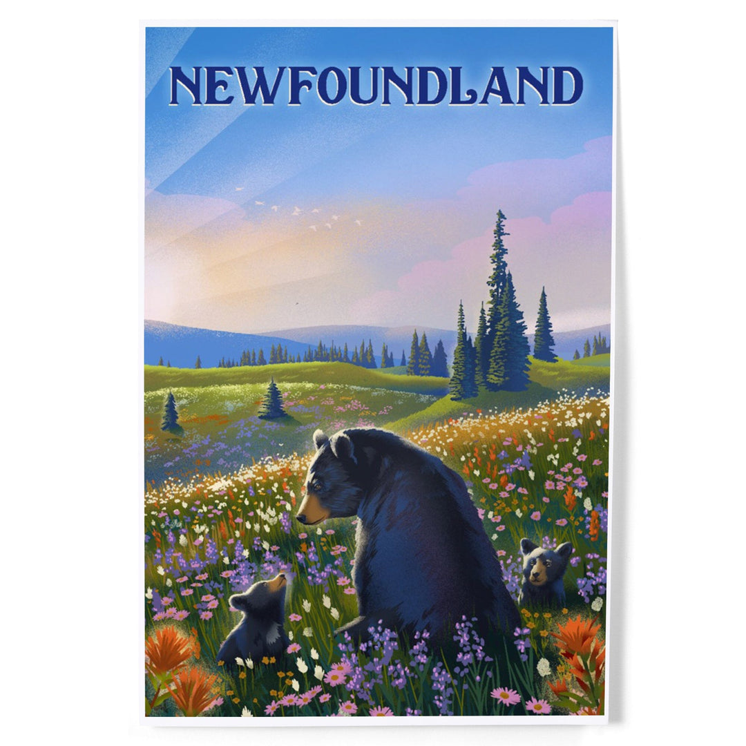 Newfoundland, Lithograph, Bear Family in Field, Art & Giclee Prints Art Lantern Press 12 x 18 Art Print 