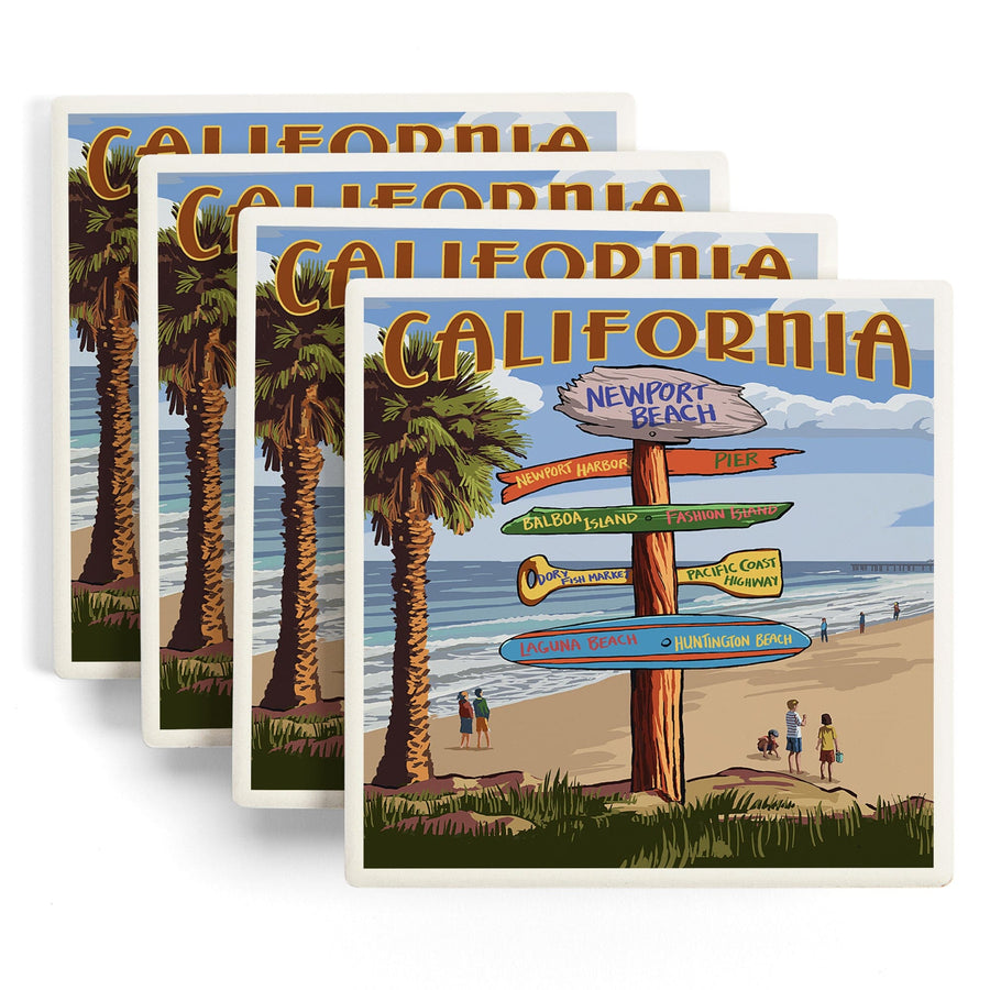 Newport Beach, California, Destinations Sign, Lantern Press Artwork, Coaster Set Coasters Lantern Press 