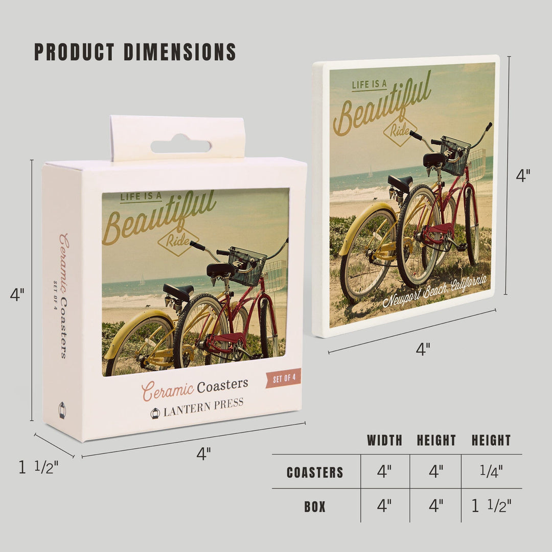 Newport Beach, California, Life is a Beautiful Ride, Bicycles & Beach Scene, Photograph, Coaster Set Coasters Lantern Press 