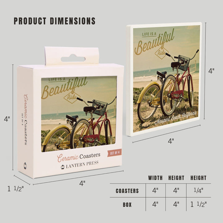 Newport Beach, California, Life is a Beautiful Ride, Bicycles & Beach Scene, Photograph, Coaster Set Coasters Lantern Press 