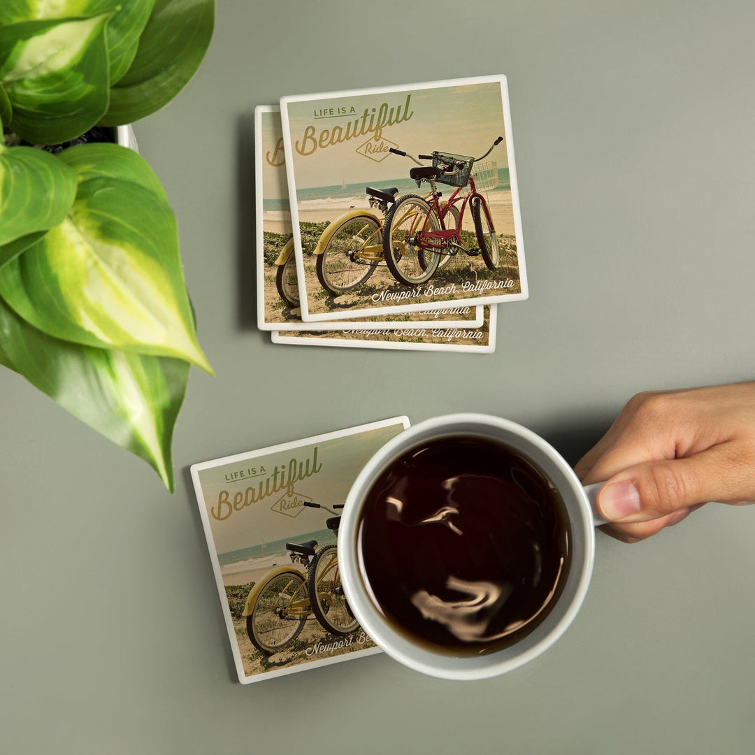 Newport Beach, California, Life is a Beautiful Ride, Bicycles & Beach Scene, Photograph, Coaster Set Coasters Lantern Press 