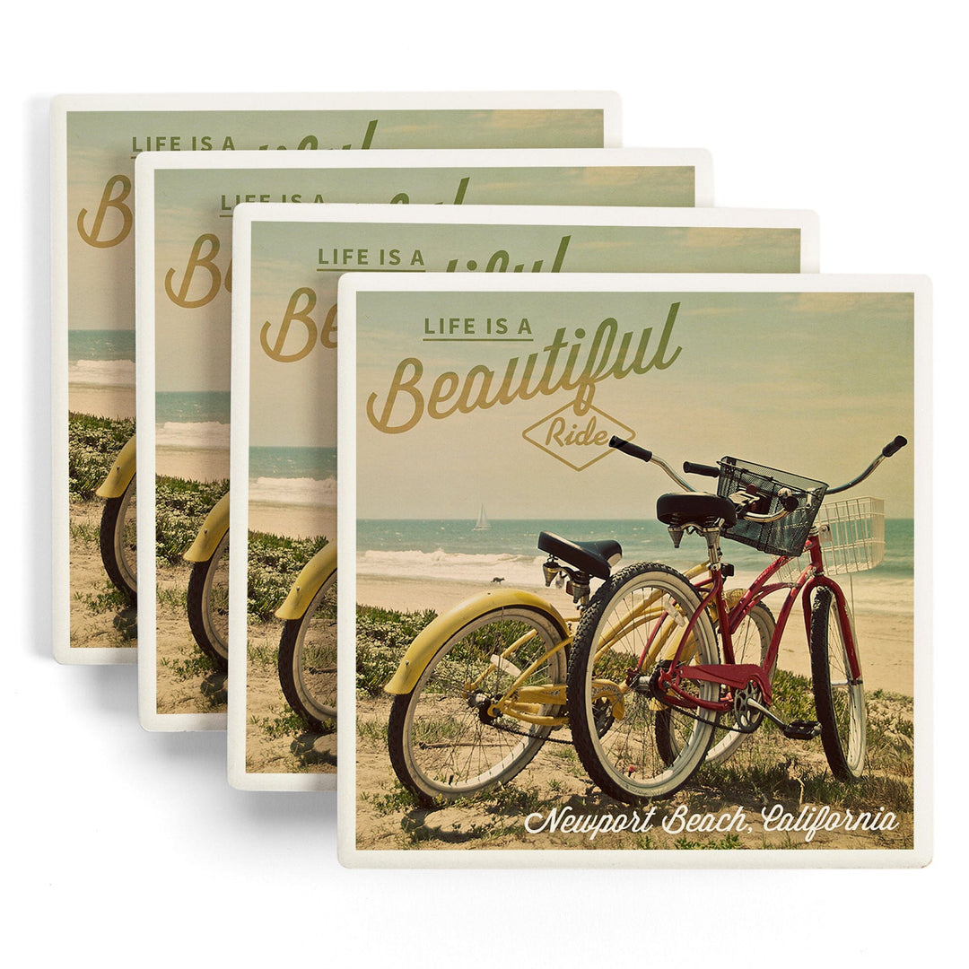 Newport Beach, California, Life is a Beautiful Ride, Bicycles & Beach Scene, Photograph, Coaster Set Coasters Lantern Press 