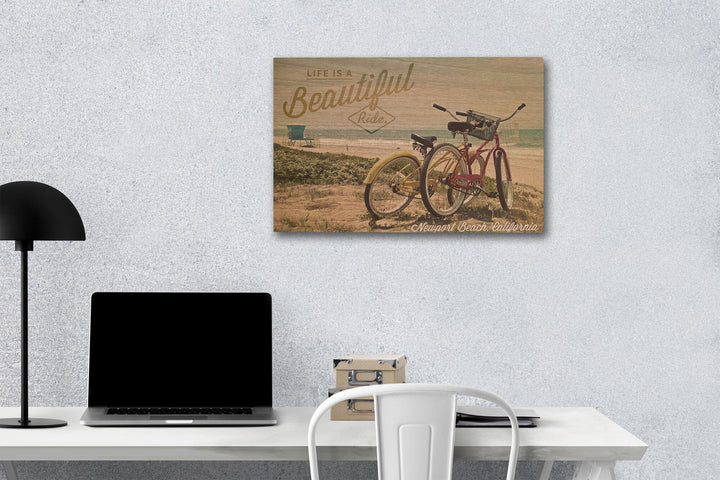 Newport Beach, California, Life is a Beautiful Ride, Bicycles & Beach Scene, Photograph, Wood Signs and Postcards Wood Lantern Press 12 x 18 Wood Gallery Print 