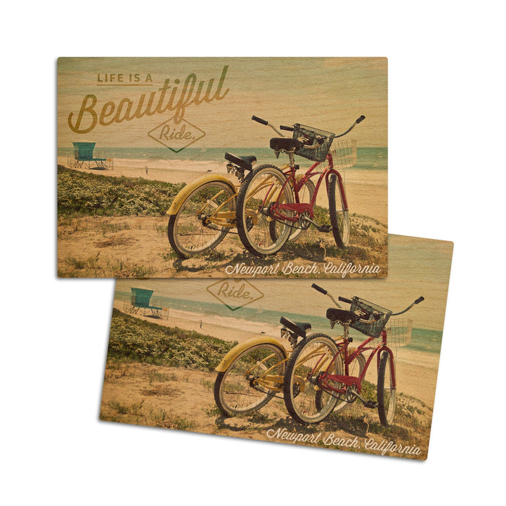 Newport Beach, California, Life is a Beautiful Ride, Bicycles & Beach Scene, Photograph, Wood Signs and Postcards Wood Lantern Press 4x6 Wood Postcard Set 