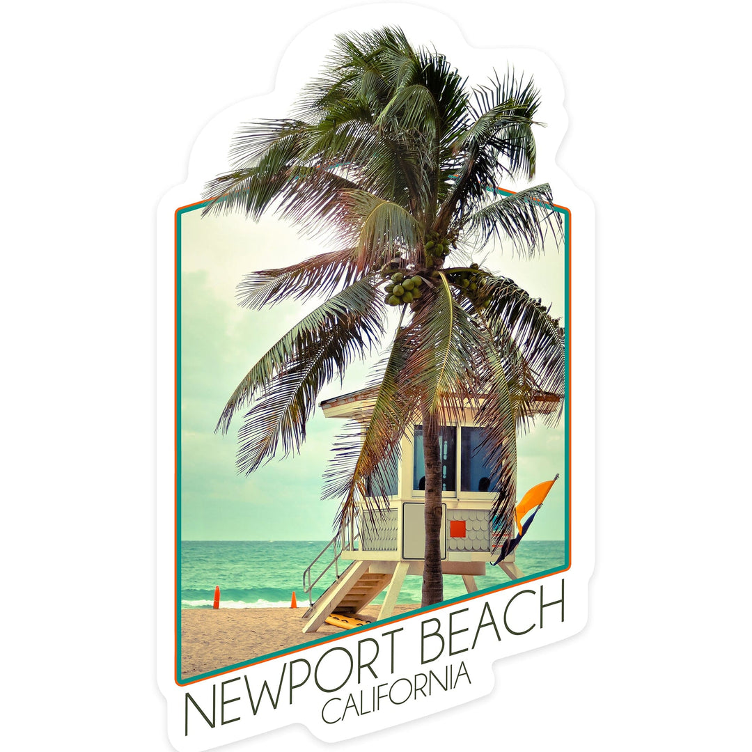 Newport Beach, California, Lifeguard Shack and Palm, Contour, Vinyl Sticker Sticker Lantern Press 