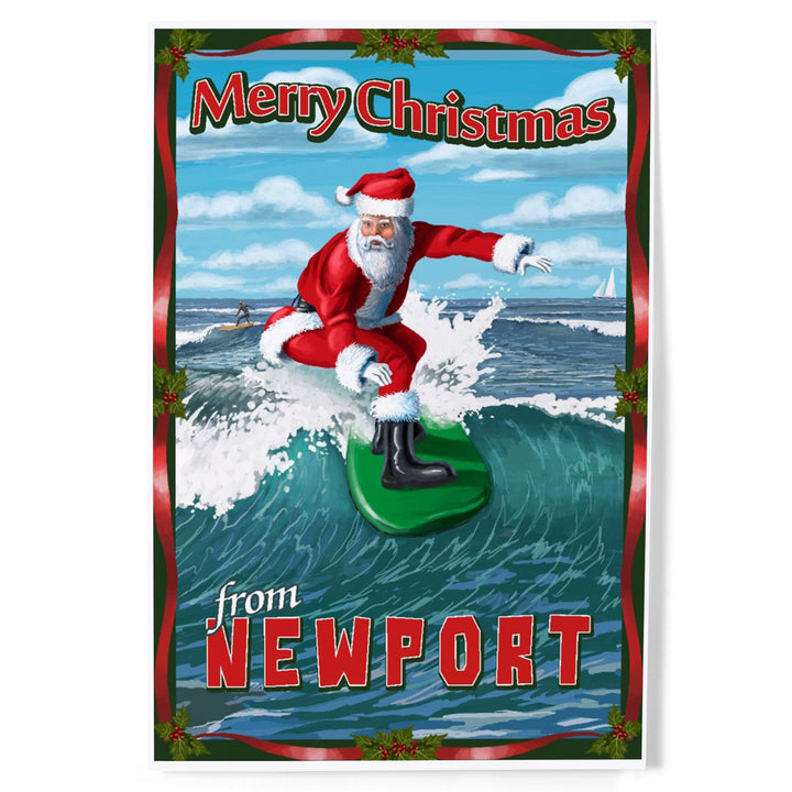 Newport Beach, California, Merry Christmas, Santa Surfing, Art & Giclee Prints Art Lantern Press 