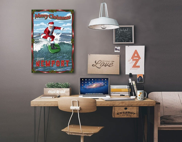 Newport Beach, California, Merry Christmas, Santa Surfing, Stretched Canvas Canvas Lantern Press 