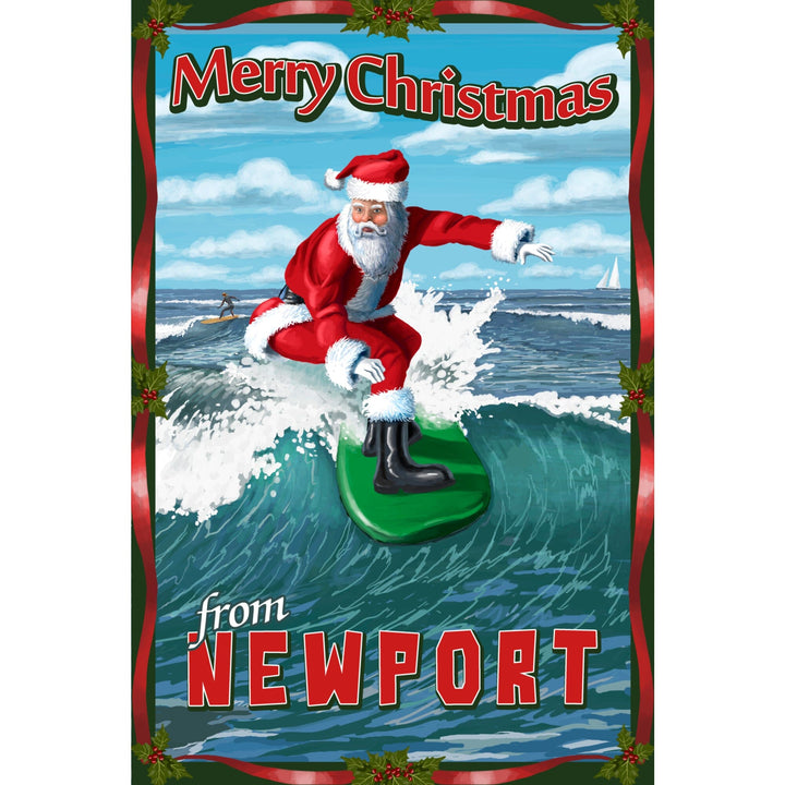 Newport Beach, California, Merry Christmas, Santa Surfing, Stretched Canvas Canvas Lantern Press 