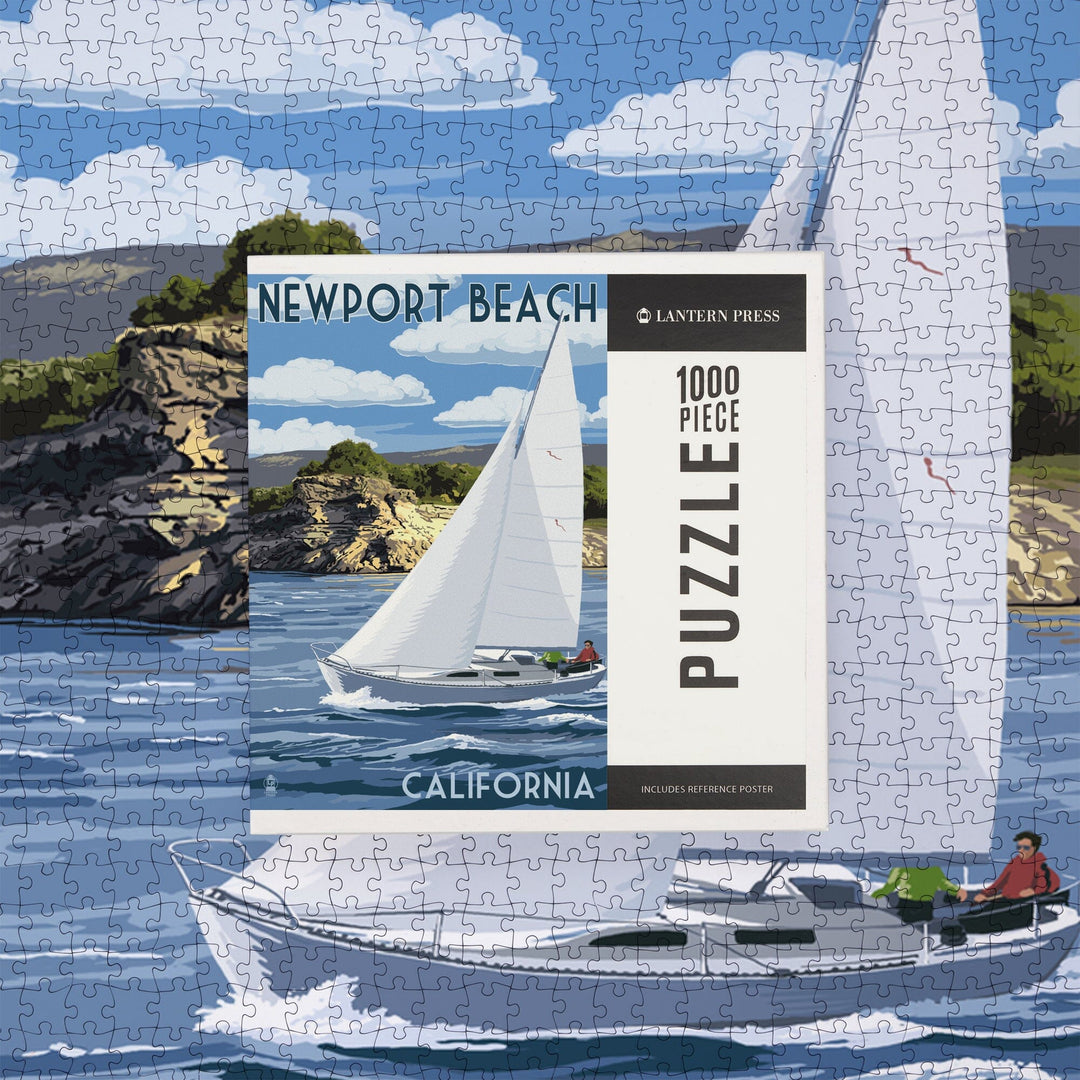 Newport Beach, California, Sloop Sailboat and Lake, Jigsaw Puzzle Puzzle Lantern Press 