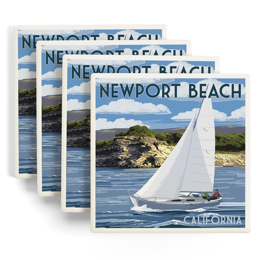 Newport Beach, California, Sloop Sailboat & Lake, Lantern Press Artwork, Coaster Set Coasters Lantern Press 