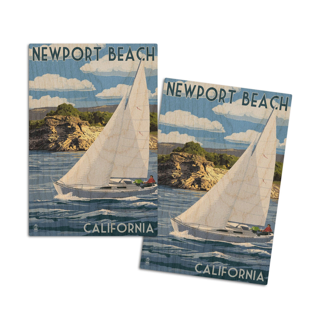 Newport Beach, California, Sloop Sailboat & Lake, Lantern Press Artwork, Wood Signs and Postcards Wood Lantern Press 4x6 Wood Postcard Set 