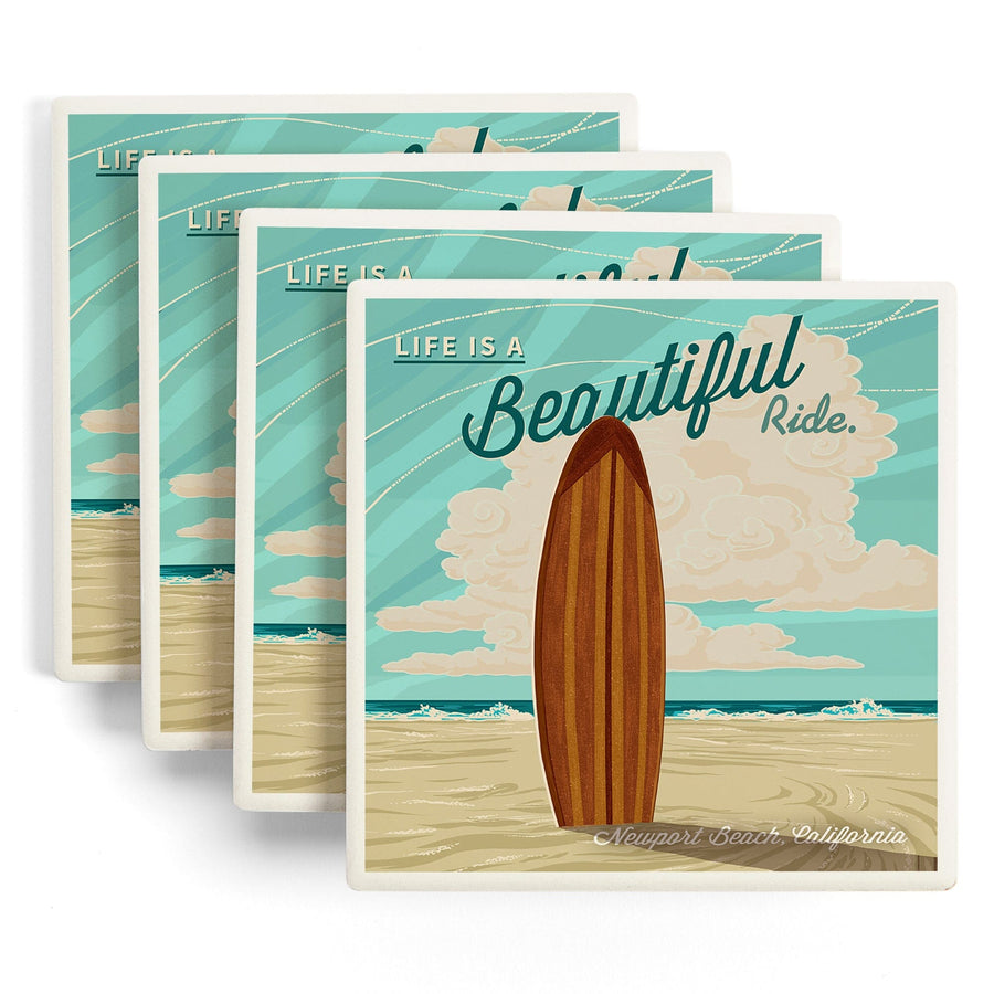 Newport Beach, California, Surf Board Letterpress, Life is a Beautiful Ride, Lantern Press Art, Coaster Set Coasters Lantern Press 