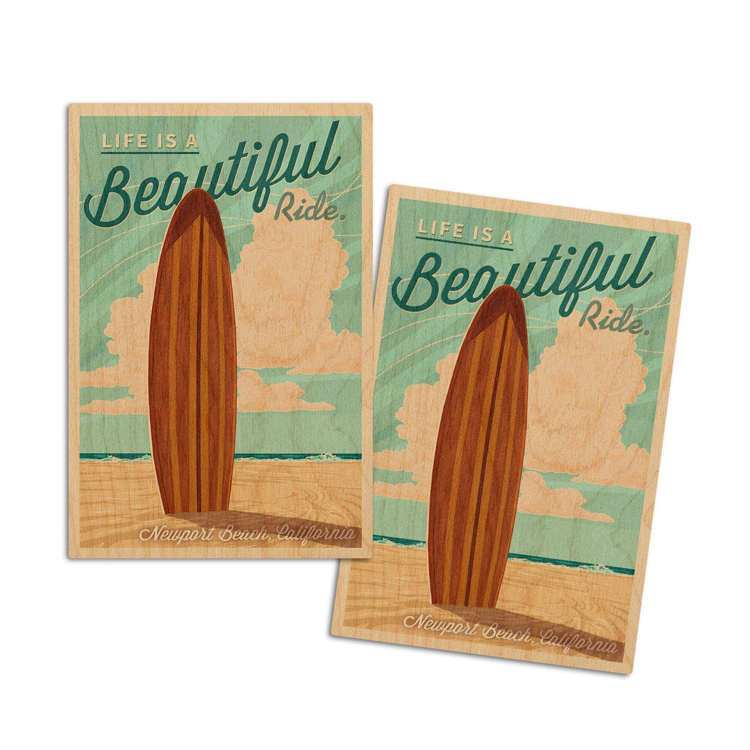 Newport Beach, California, Surf Board Letterpress, Life is a Beautiful Ride, Lantern Press Art, Wood Signs and Postcards Wood Lantern Press 4x6 Wood Postcard Set 