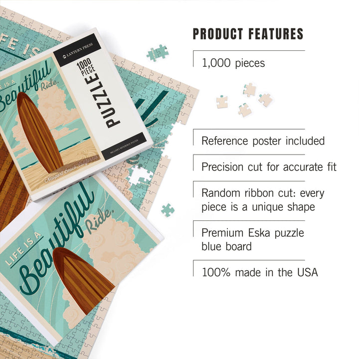Newport Beach, California, Surfboard Letterpress, Life is a Beautiful Ride Press Art, Jigsaw Puzzle Puzzle Lantern Press 
