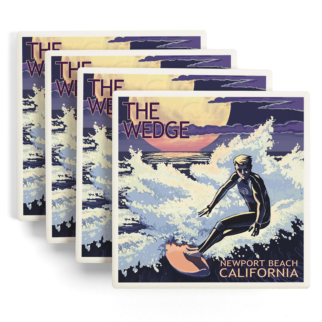 Newport Beach, California, Surfing The Wedge, Lantern Press Artwork, Coaster Set Coasters Lantern Press 