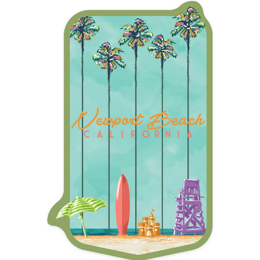 Newport Beach, California, Tall Palms Beach Scene, Contour, Vinyl Sticker Sticker Lantern Press 