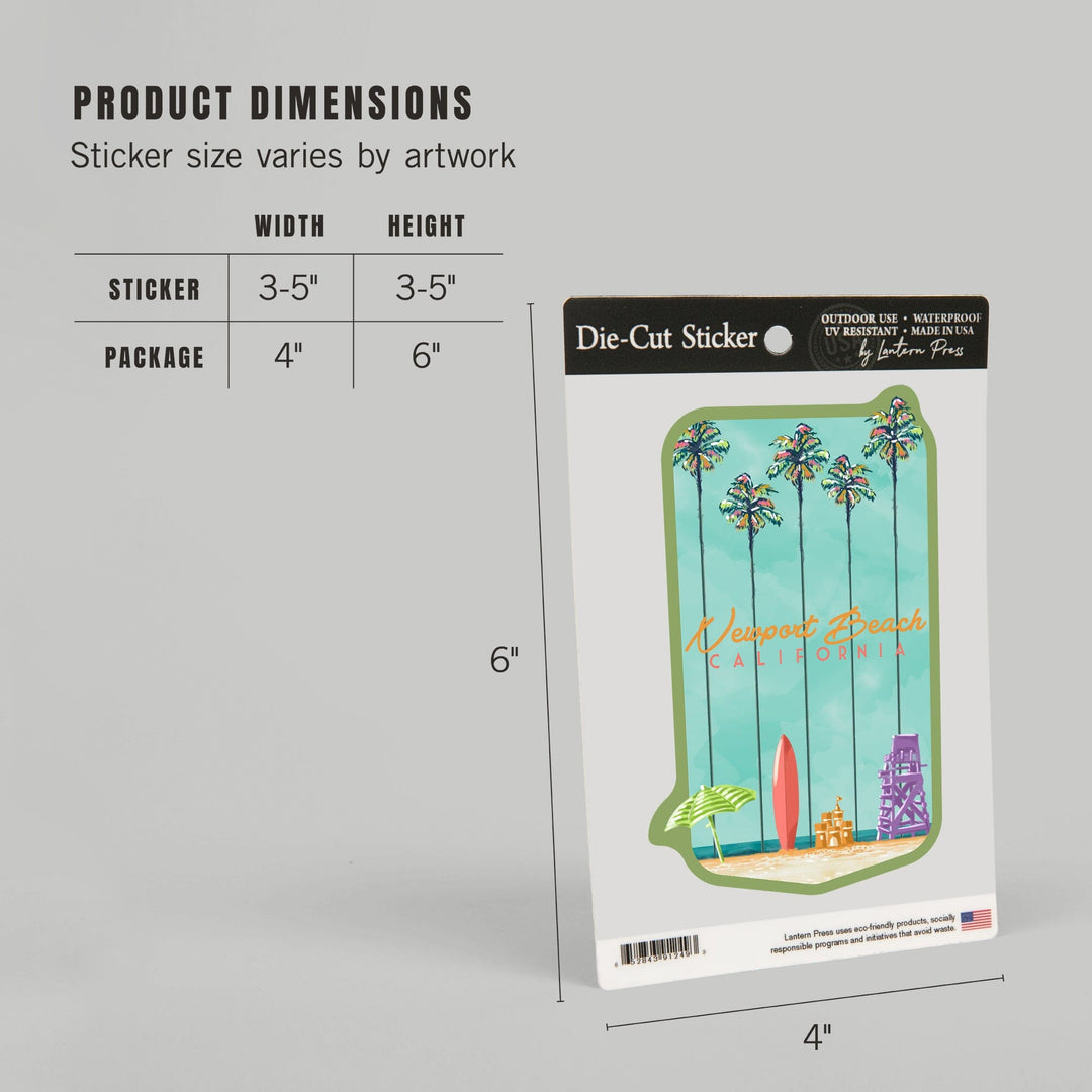 Newport Beach, California, Tall Palms Beach Scene, Contour, Vinyl Sticker Sticker Lantern Press 