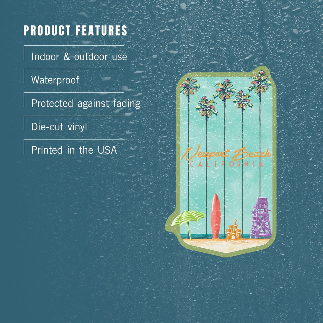 Newport Beach, California, Tall Palms Beach Scene, Contour, Vinyl Sticker Sticker Lantern Press 