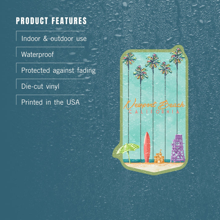 Newport Beach, California, Tall Palms Beach Scene, Contour, Vinyl Sticker Sticker Lantern Press 