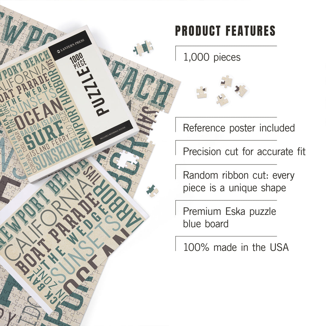 Newport Beach, California, Typography, Jigsaw Puzzle Puzzle Lantern Press 