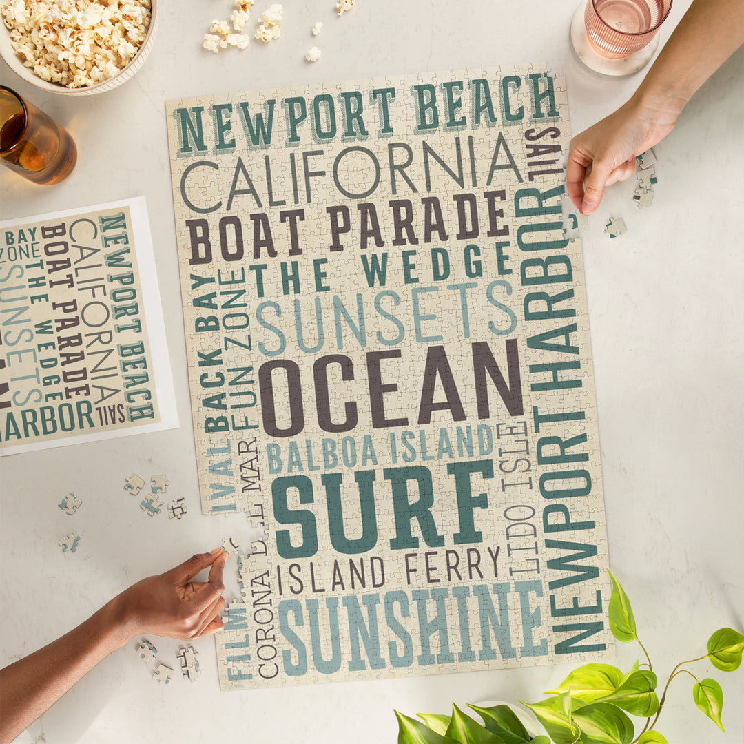 Newport Beach, California, Typography, Jigsaw Puzzle Puzzle Lantern Press 