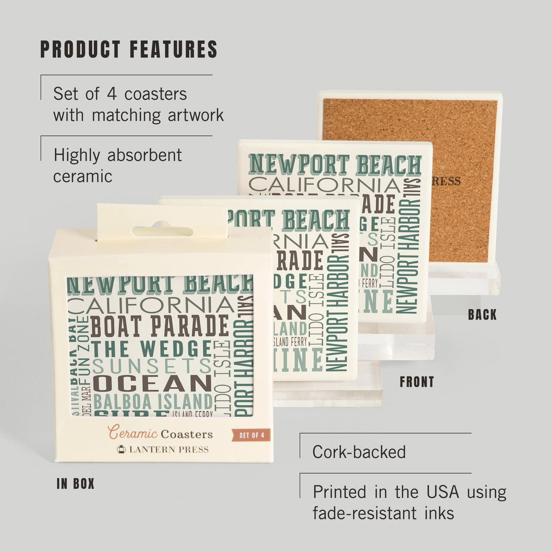 Newport Beach, California, Typography, Lantern Press Artwork, Coaster Set Coasters Lantern Press 