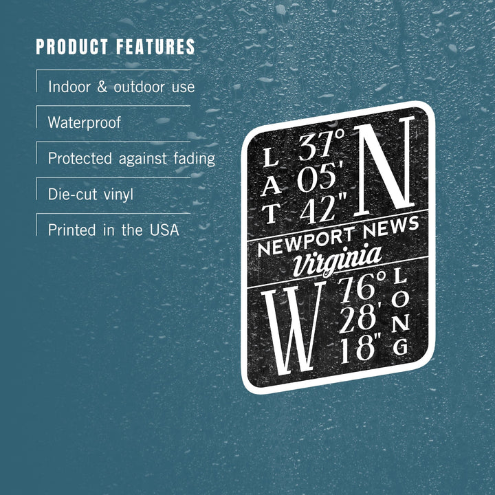 Newport News, Virginia, Latitude and Longitude (Black and White), Contour, Vinyl Sticker Sticker Lantern Press 