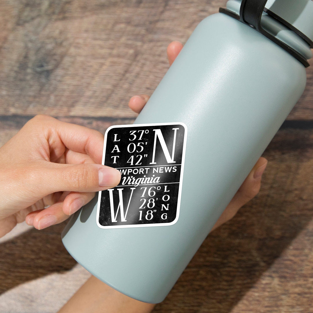 Newport News, Virginia, Latitude and Longitude (Black and White), Contour, Vinyl Sticker Sticker Lantern Press 