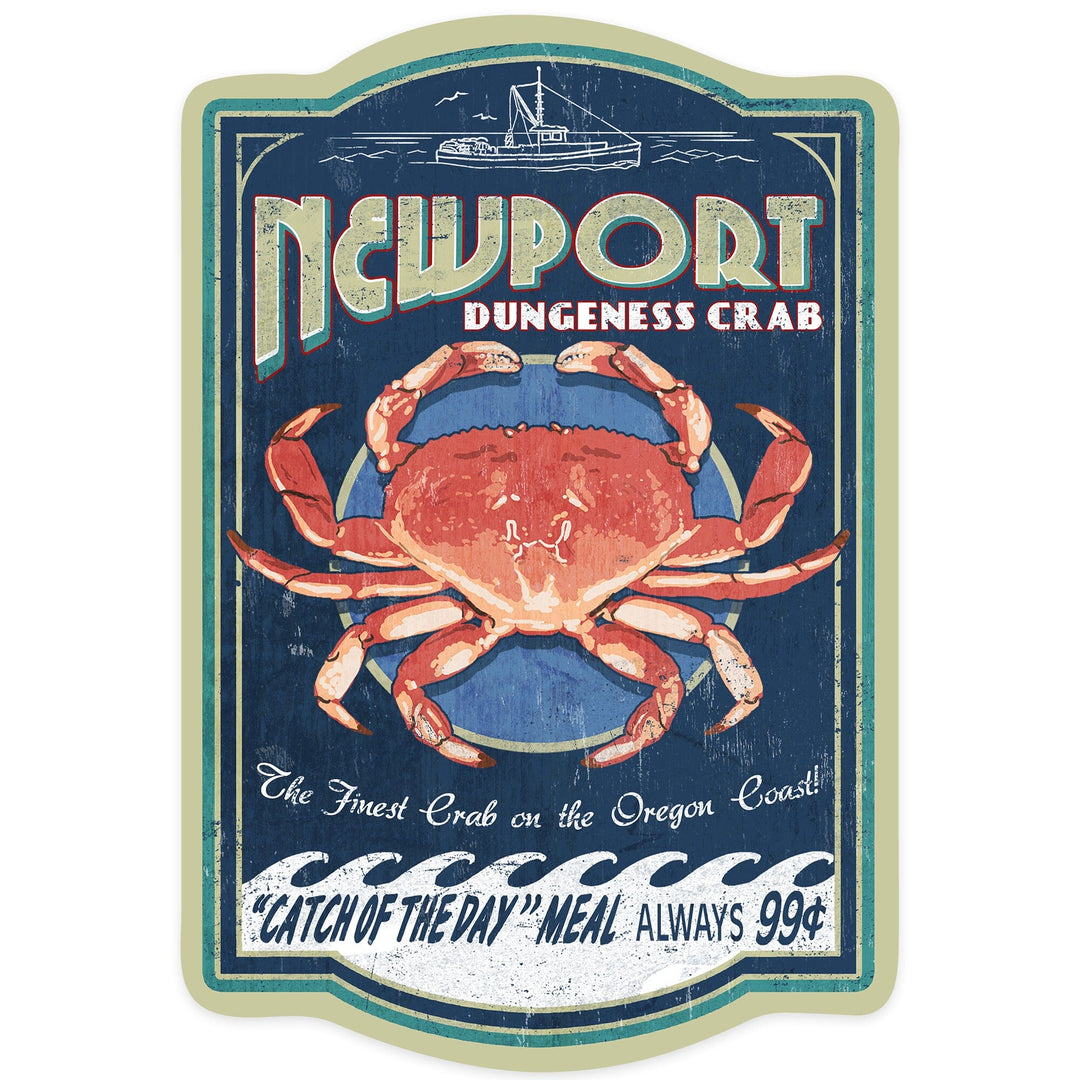 Newport, Oregon, Dungeness Crab Vintage Sign, Contour, Lantern Press Artwork, Vinyl Sticker Sticker Lantern Press 