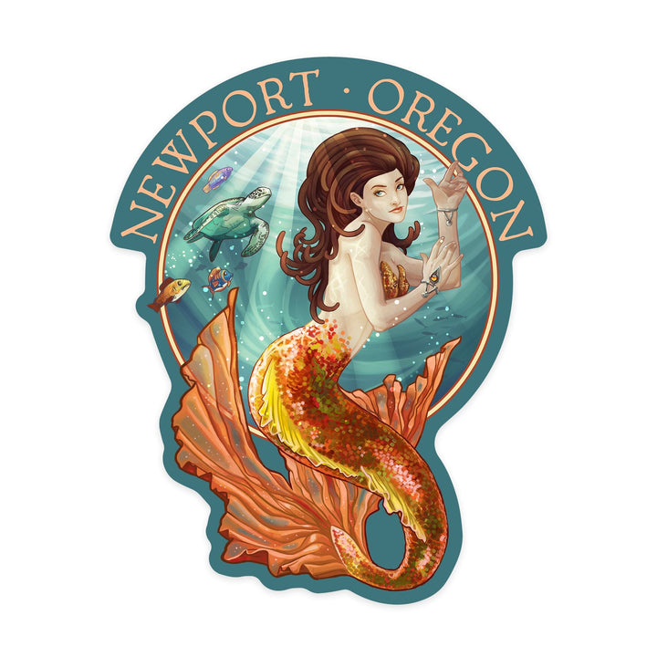 Newport, Oregon, Mermaid, Contour, Vinyl Sticker Sticker Lantern Press 