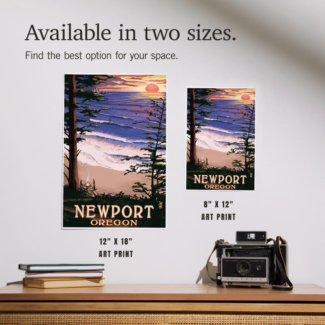 Newport, Oregon, Sunset Beach and Surfers, Art & Giclee Prints Art Lantern Press 